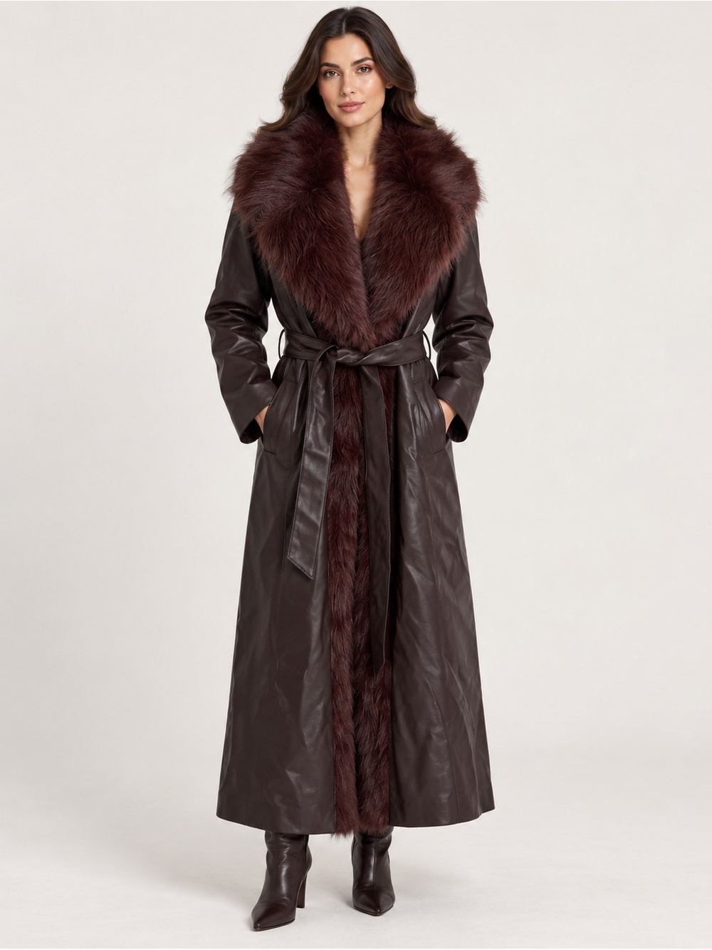 Angel Wings by Lucy NWT S/M Long Brown Soft Leather Trench Coat w Faux Fur Trim